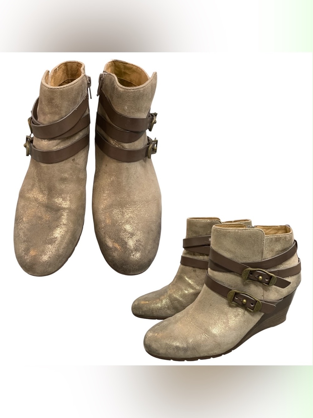 Sofft Metallic Taupe Wedge Ankle Boots with Buckle Straps S8
